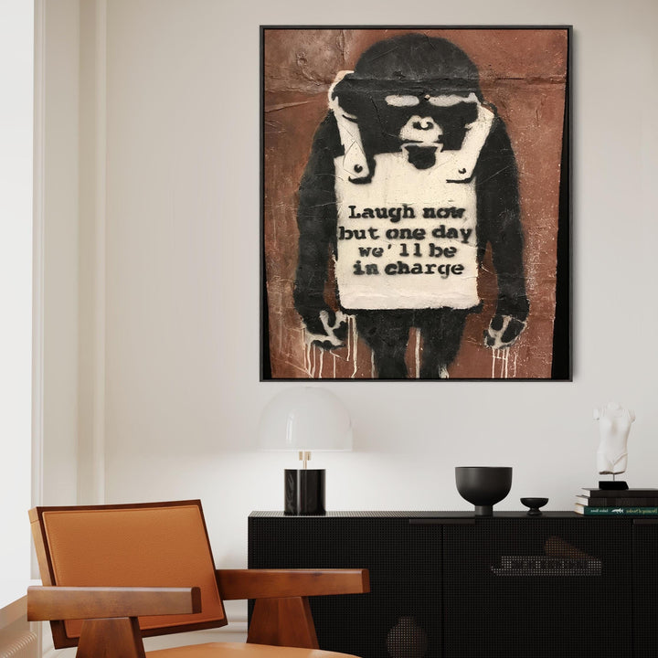 Large Banksy Framed Canvas Wall Art Print - Laugh Now (Monkey) - FFPob-2430-B-L