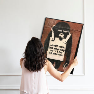 Large Banksy Framed Canvas Wall Art Print - Laugh Now (Monkey)