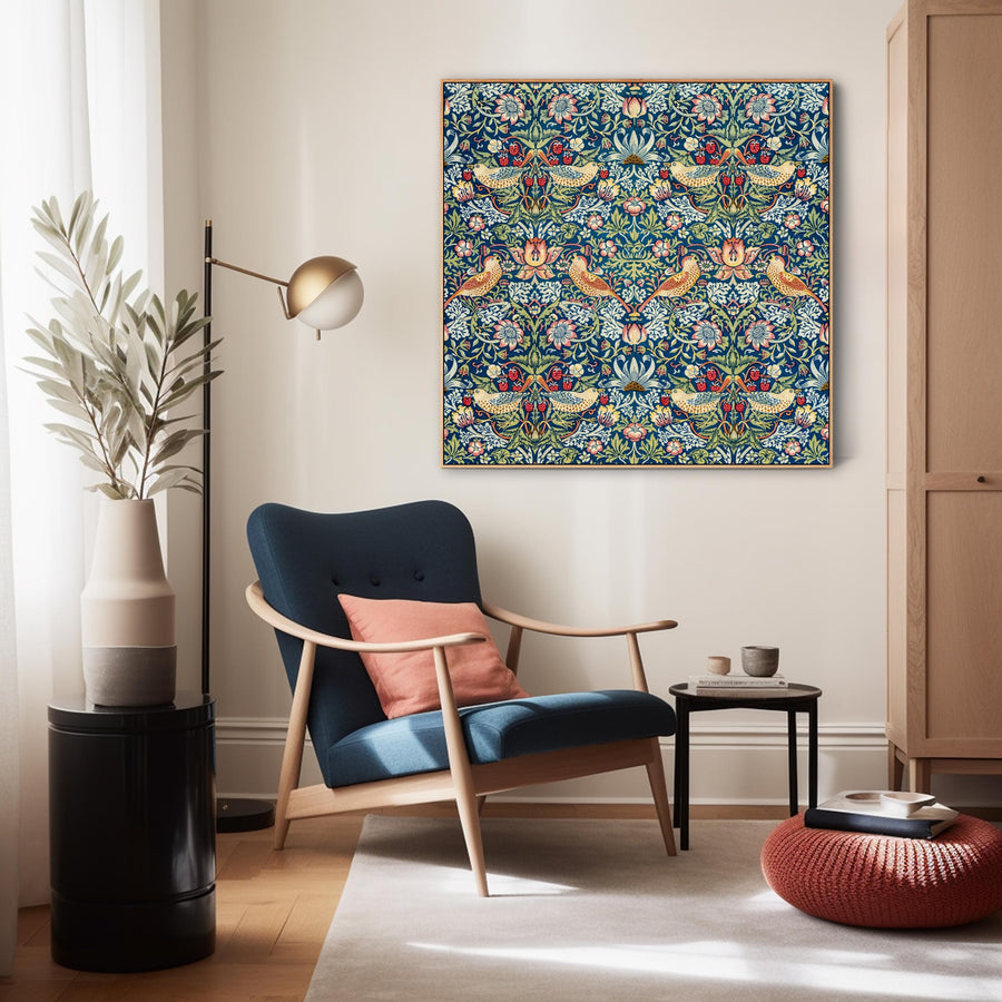 Large Colourful William Morris Wall Art Framed Canvas Print of Strawberry Thief Pattern - 100cm x 100cm