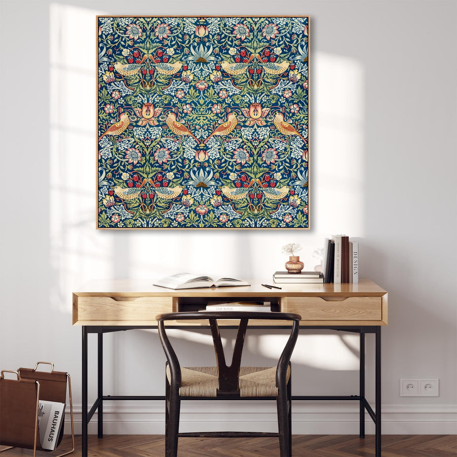 Large Colourful William Morris Wall Art Framed Canvas Print of Strawberry Thief Pattern - 100cm x 100cm