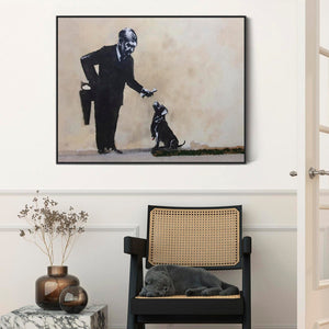 Large Banksy Framed Canvas Art Print - Man with Dog