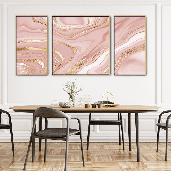 Large Pink Gold Modern Framed Canvas Wall Art - Abstract Set of 3 Pictures - 212cm Wide - 3AF2146XXL-G