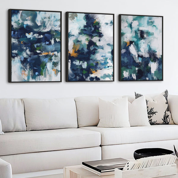Large Teal Wall Art Pictures for Living Room - Set of 3 Framed Canvas Artwork