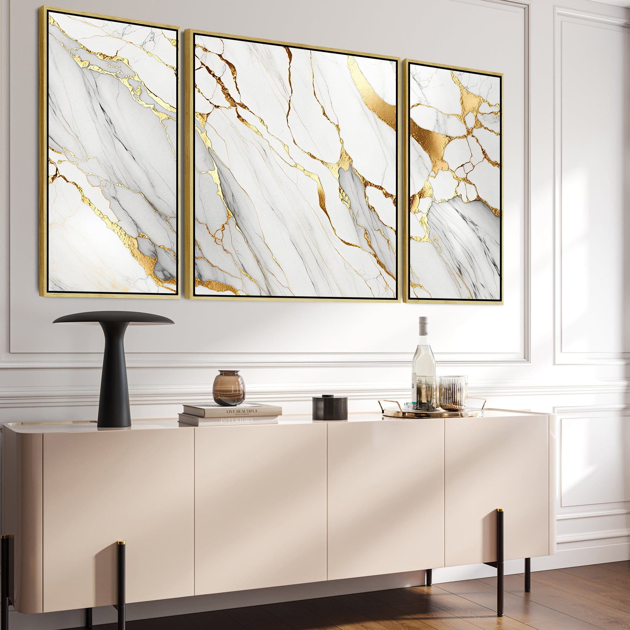 Large White Gold Abstract Framed Wall Art - Modern Set of 3 - XXL 212c