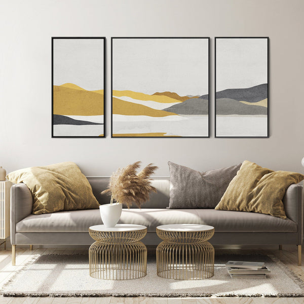 Large Mustard Yellow Grey Framed Abstract Wall Art for Living Room - Set of 3 - XXL 212cm Wide