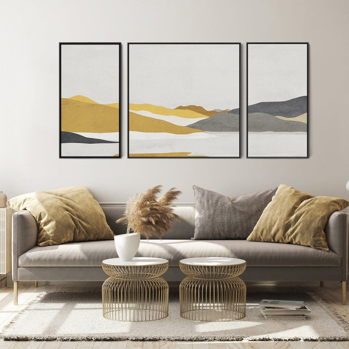 Large Mustard Yellow Grey Framed Abstract Wall Art for Living Room - Set of 3 - XXL 212cm Wide - 3AF2131XL-B