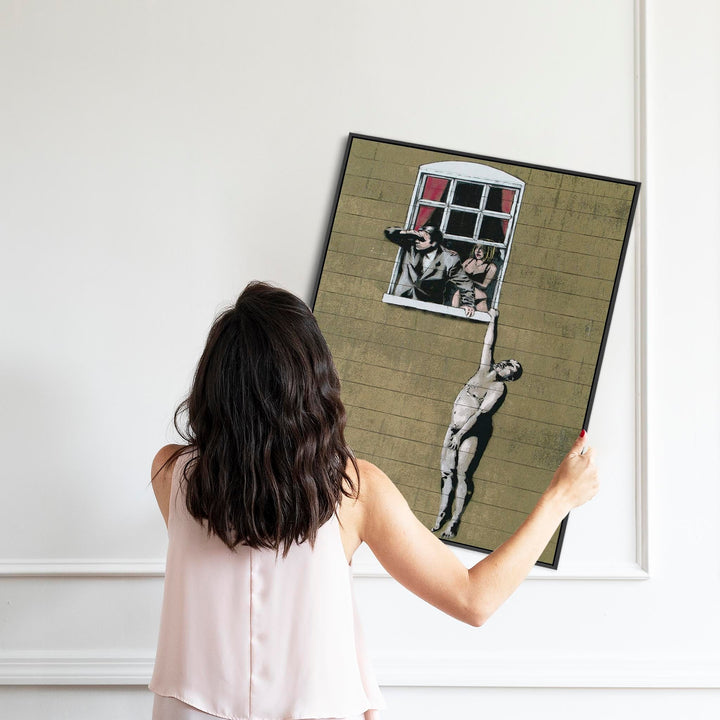 Large Banksy Framed Canvas Art Print - Naked Man Hanging From Window - FFPob-2431-B-L