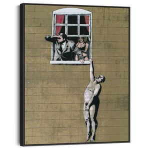 Large Banksy Framed Canvas Art Print - Naked Man Hanging From Window