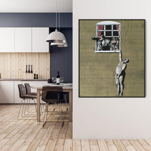 Large Banksy Framed Canvas Art Print - Naked Man Hanging From Window