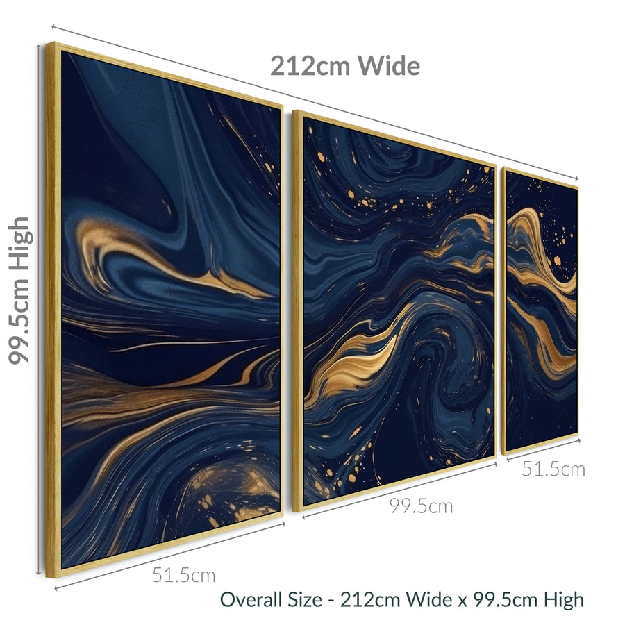 Large Navy Blue Gold Wall Art - Abstract Framed Canvas Set of 3 XXL