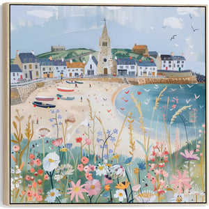 Coastal Cornish Harbour Wall Art Framed Canvas Print of Cornwall Seaside Painting - 100cm x 100cm