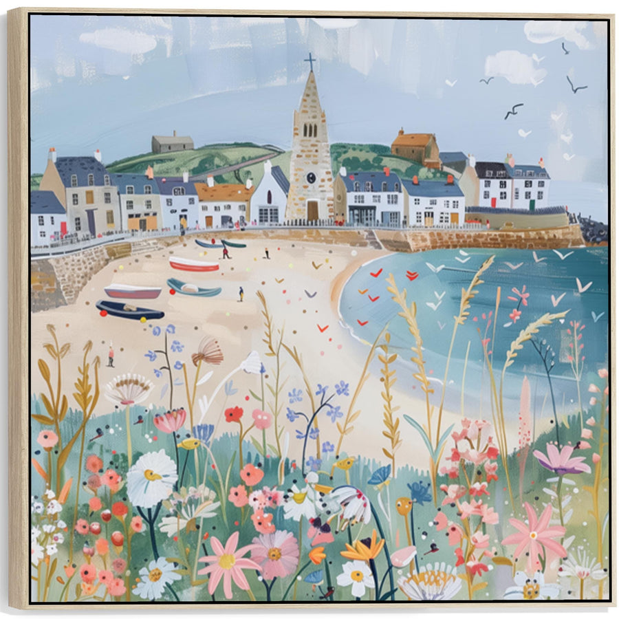 Coastal Cornish Harbour Wall Art Framed Canvas Print of Cornwall Seaside Painting - 100cm x 100cm