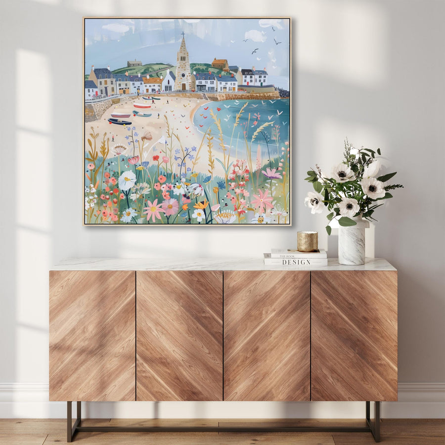 Coastal Cornish Harbour Wall Art Framed Canvas Print of Cornwall Seaside Painting - 100cm x 100cm