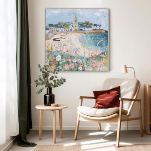 Coastal Cornish Harbour Wall Art Framed Canvas Print of Cornwall Seaside Painting - 100cm x 100cm