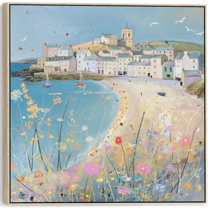 Coastal Cornwall Wall Art Framed Canvas Print of Cornish Harbour Painting - 100cm x 100cm