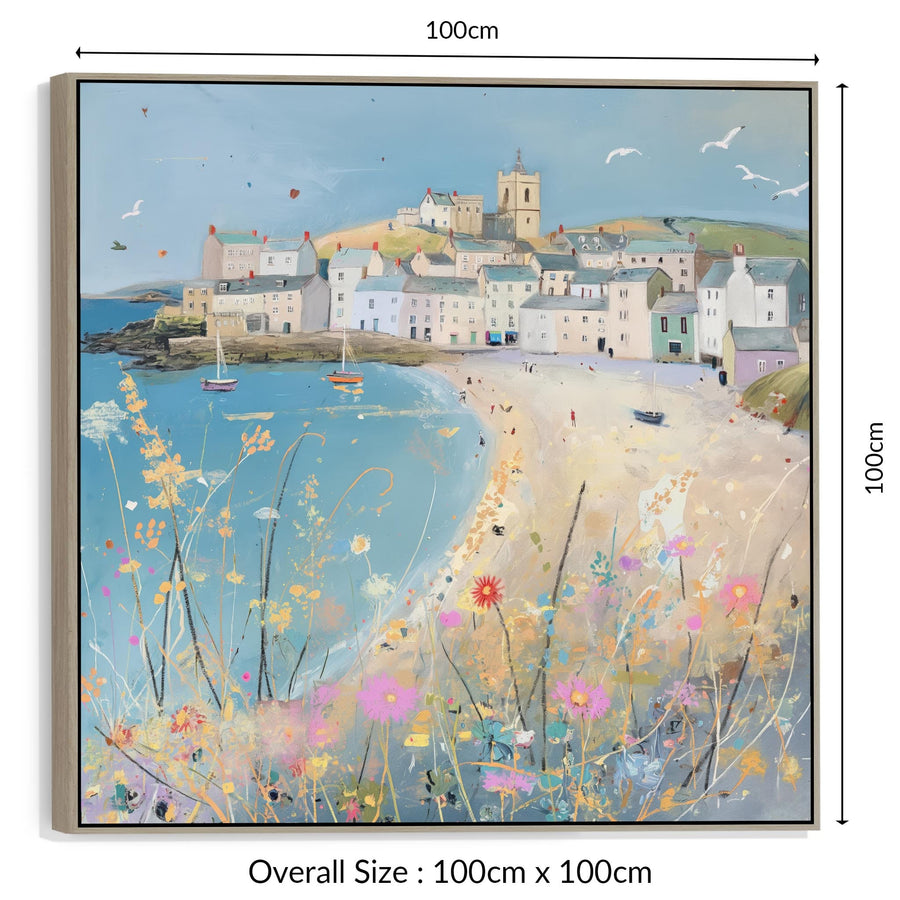 Coastal Cornwall Wall Art Framed Canvas Print of Cornish Harbour Painting - 100cm x 100cm