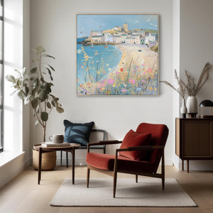 Coastal Cornwall Wall Art Framed Canvas Print of Cornish Harbour Painting - 100cm x 100cm