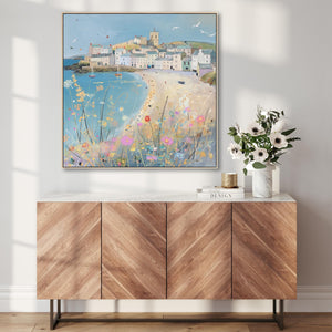 Coastal Cornwall Wall Art Framed Canvas Print of Cornish Harbour Painting - 100cm x 100cm