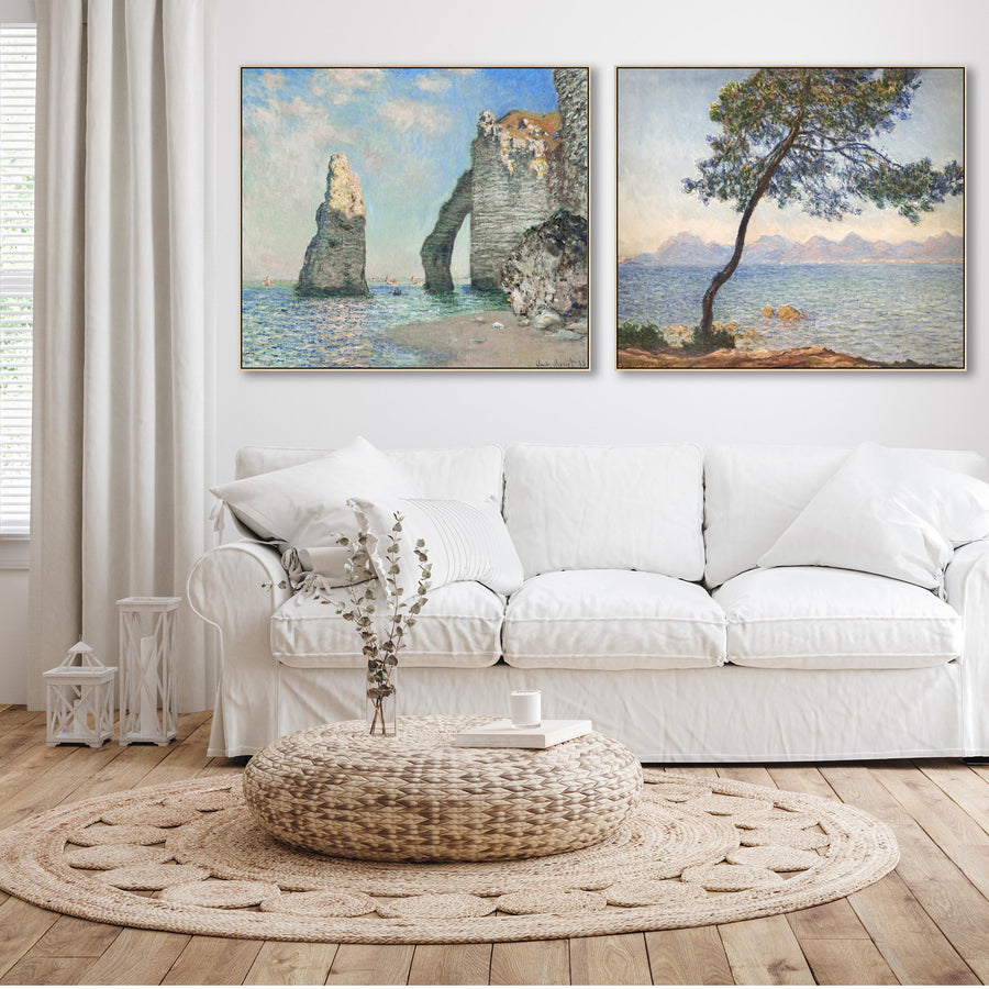 Extra Large Claude Monet Pair of Blue Beach Wall Art Framed Canvas Pictures - Set of 2