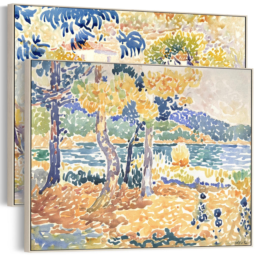 Extra Large Colourful Henri Edmond Cross Pair of Multi Coloured Landscape Wall Art Framed Canvas - Set of 2