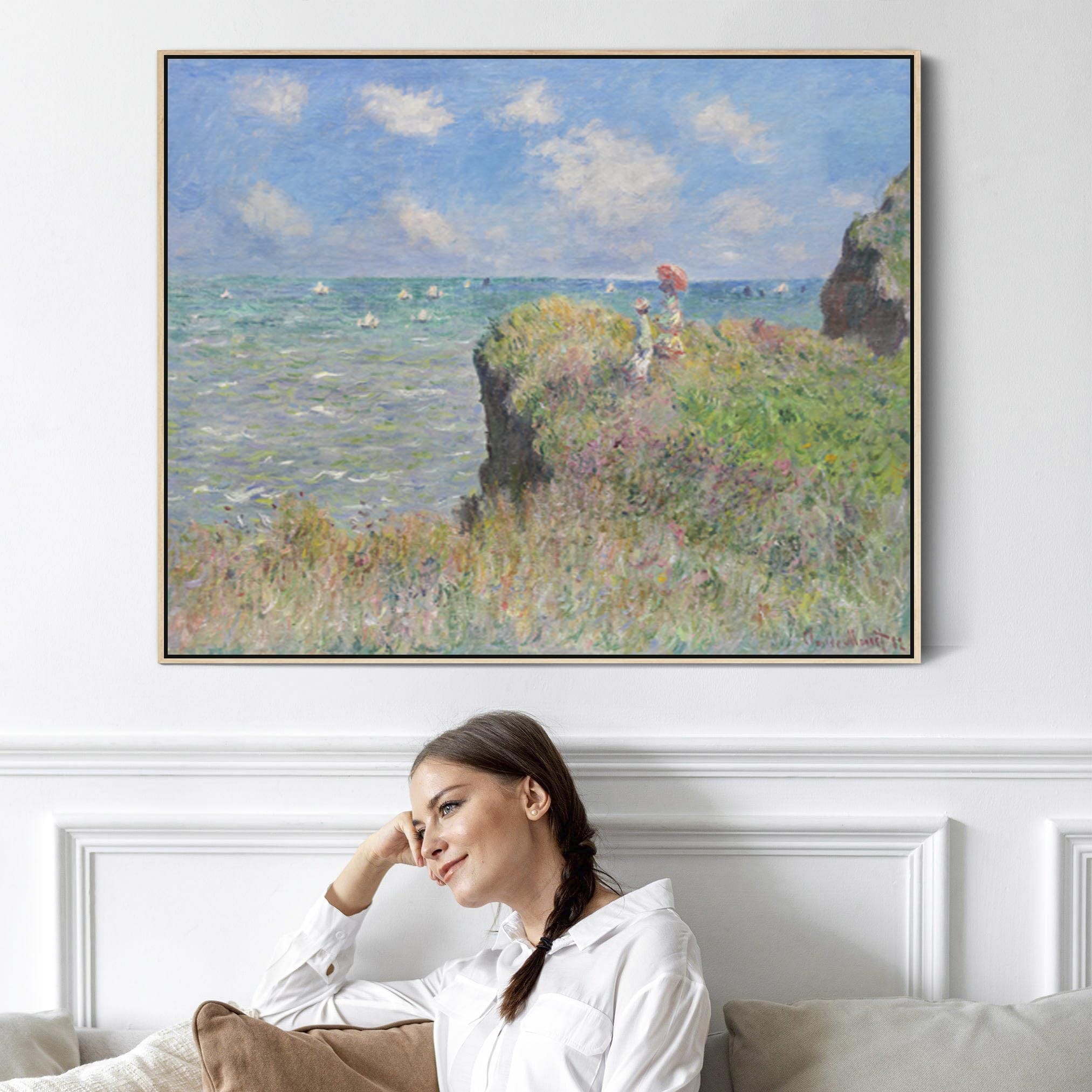 Large Claude Monet Framed Canvas Print of Cliff Walk at Pourville Land