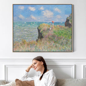 Large Claude Monet Framed Canvas Print of Cliff Walk at Pourville Landscape Painting