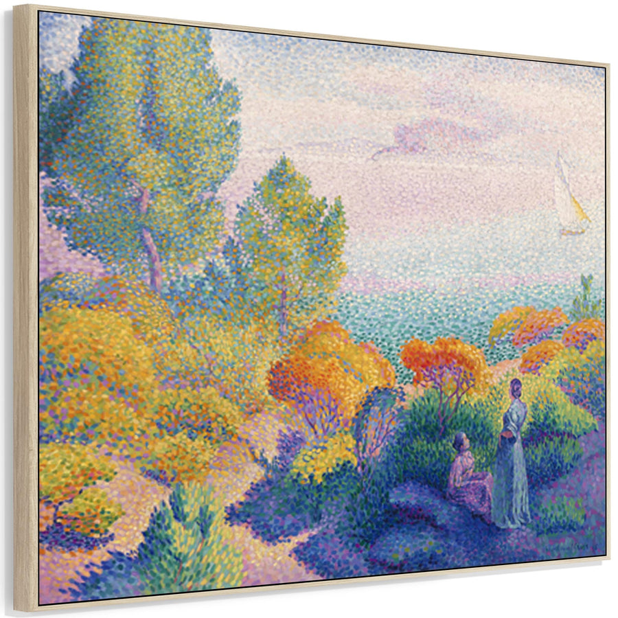 Large Henri Edmond Cross Colourful Framed Canvas Print of Two Women by the Shore Multi Coloured Painting