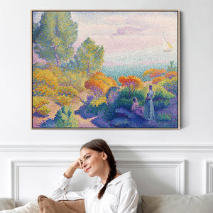 Large Henri Edmond Cross Colourful Framed Canvas Print of Two Women by the Shore Multi Coloured Painting