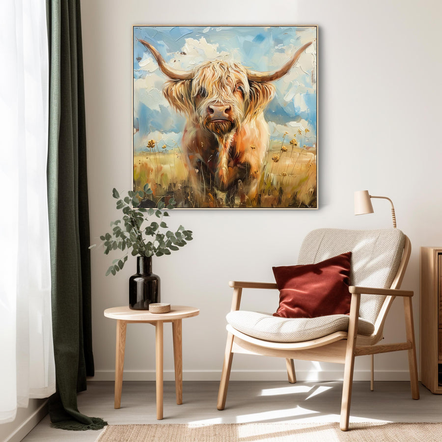 Large Highland Cow Abstract Wall Art Framed Canvas Print of Scottish Painting - 100cm x 100cm