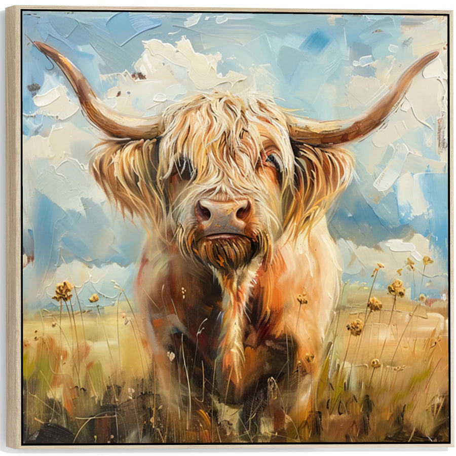 Large Highland Cow Abstract Wall Art Framed Canvas Print of Scottish Painting - 100cm x 100cm