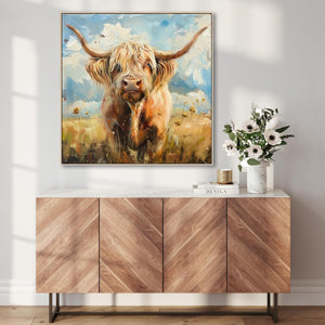 Large Highland Cow Abstract Wall Art Framed Canvas Print of Scottish Painting - 100cm x 100cm