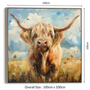 Large Highland Cow Abstract Wall Art Framed Canvas Print of Scottish Painting - 100cm x 100cm