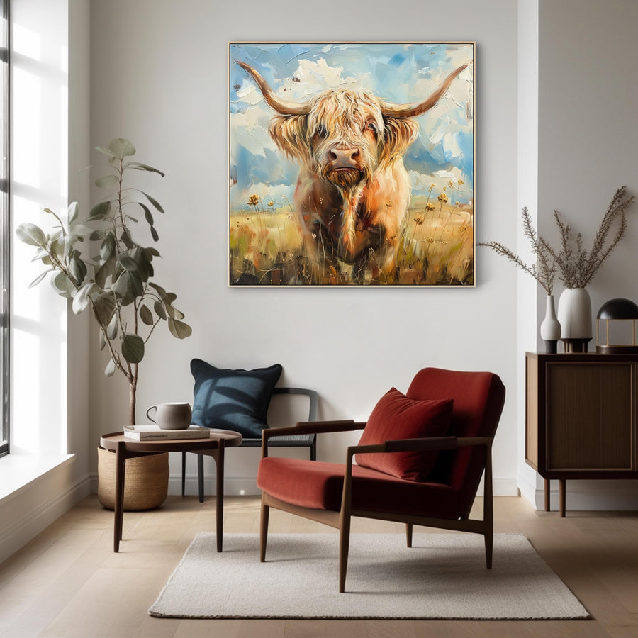 Large Highland Cow Abstract Wall Art Framed Canvas Print of Scottish Painting - 100cm x 100cm