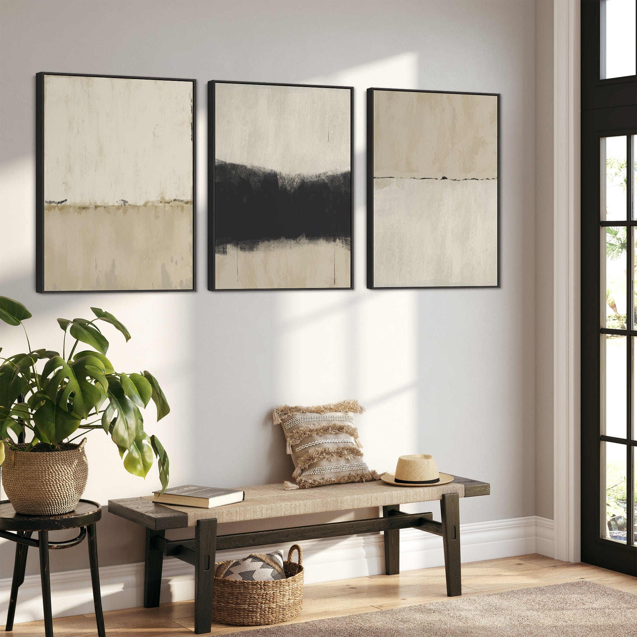 Neutral Wall Art for Living Room - Large Framed Set of 3 - Cream Black