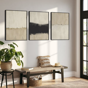 Neutral Wall Art for Living Room - Large Framed Set of 3 - Cream Black Abstract