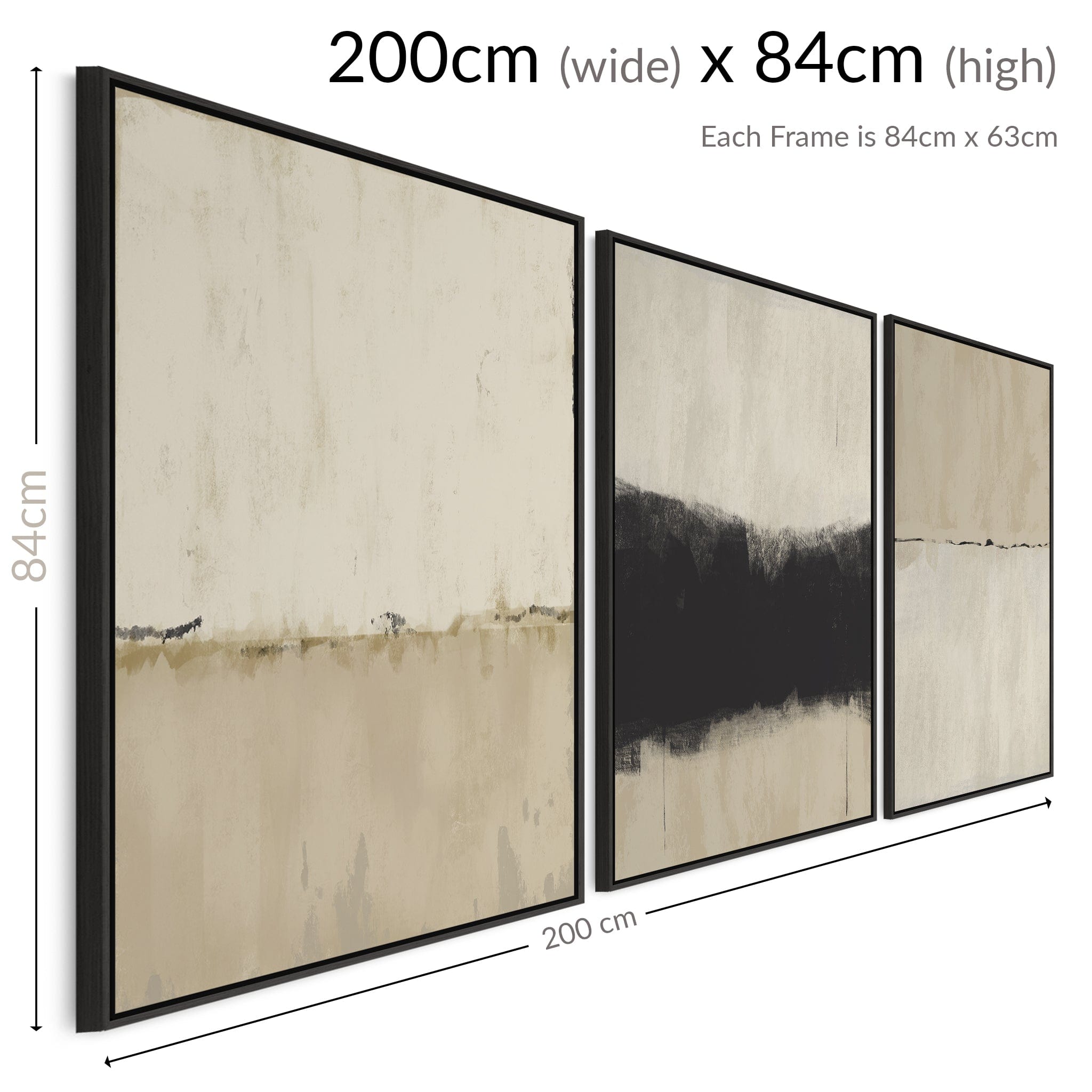 Neutral Wall Art for Living Room - Large Framed Set of 3 - Cream Black