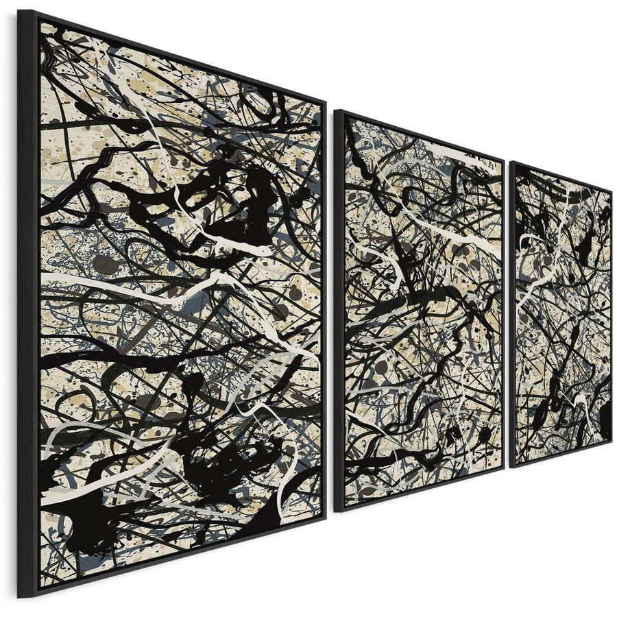 Neutral Wall Art for Living Room - Set of 3 Abstract Pictures Jackson Pollock Style - 2m Wide