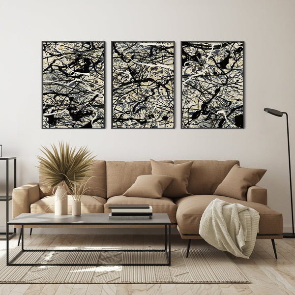 Neutral Wall Art for Living Room - Set of 3 Abstract Pictures Jackson Pollock Style - 2m Wide
