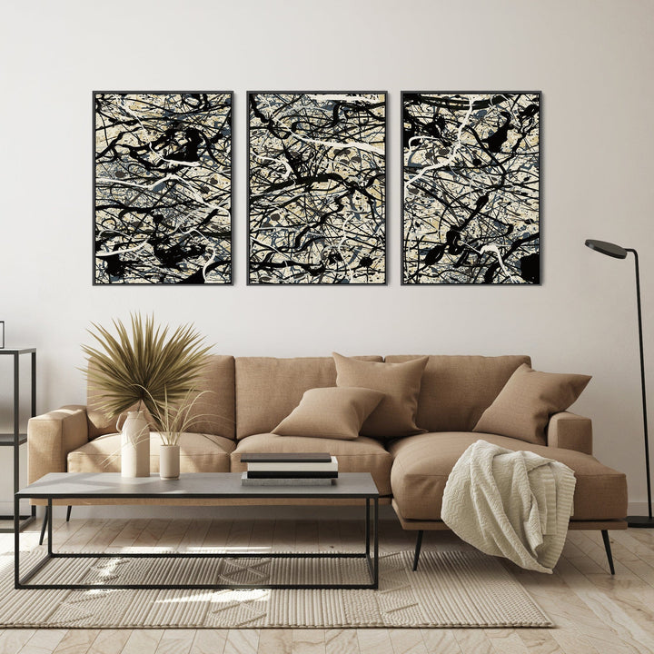 Neutral Wall Art for Living Room - Set of 3 Abstract Pictures Jackson Pollock Style - 2m Wide - 3FF2102-B-XL