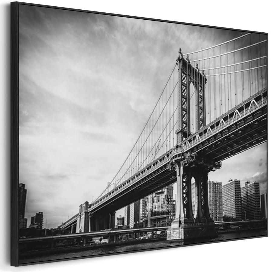 New York Framed Canvas Wall Art - Black White Brooklyn Bridge