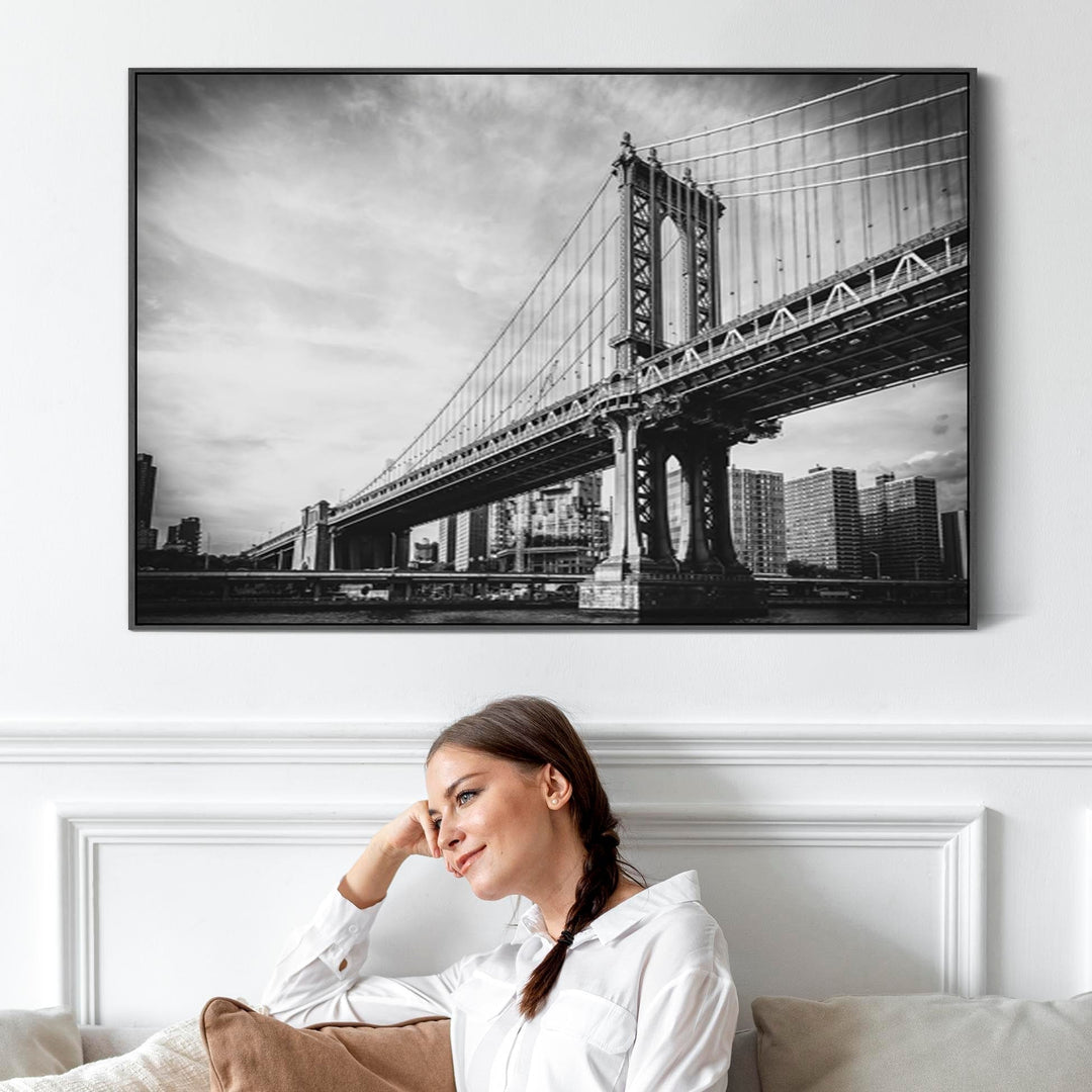 New York Framed Canvas Wall Art - Black White Brooklyn Bridge ...