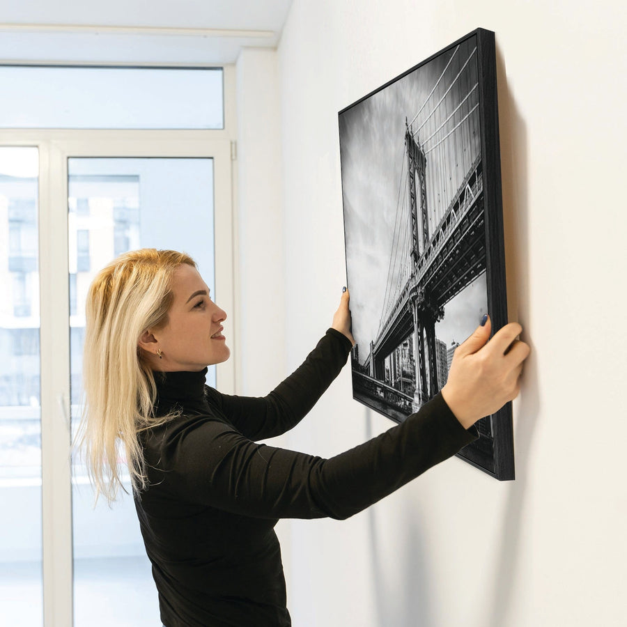 New York Framed Canvas Wall Art - Black White Brooklyn Bridge