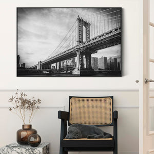 New York Framed Canvas Wall Art - Black White Brooklyn Bridge