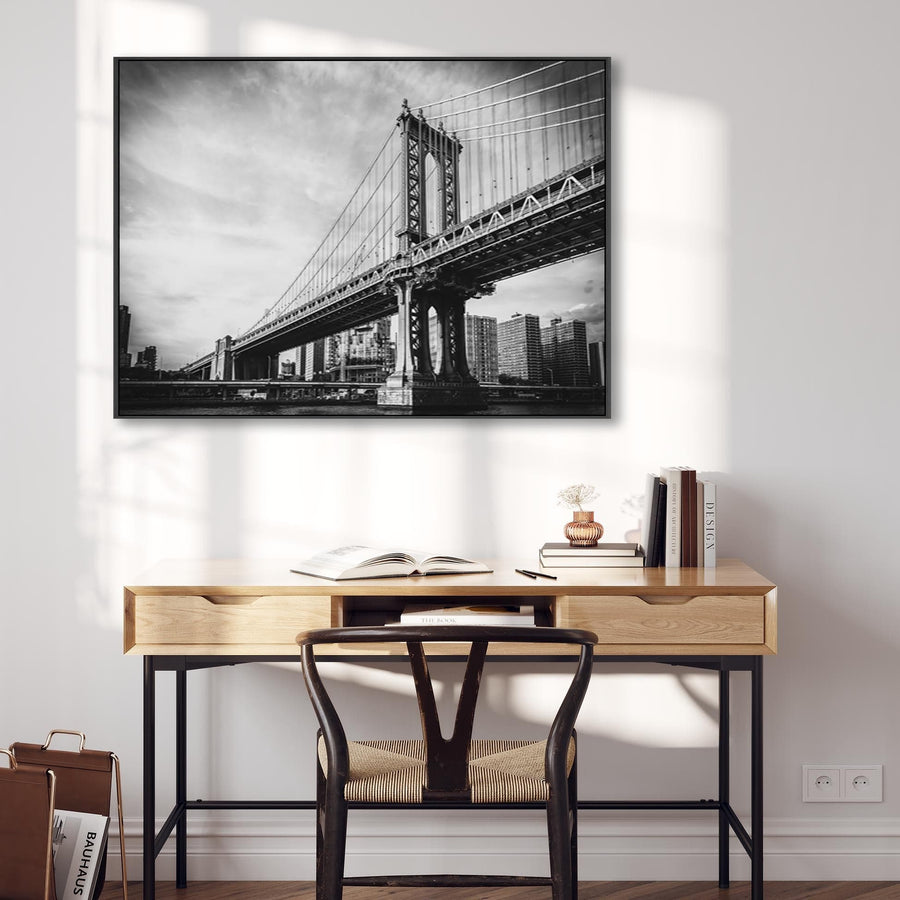 New York Framed Canvas Wall Art - Black White Brooklyn Bridge