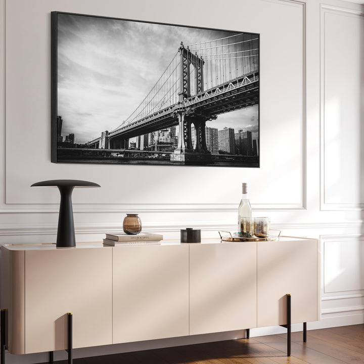 New York Framed Canvas Wall Art - Black White Brooklyn Bridge - FF2103-B-S