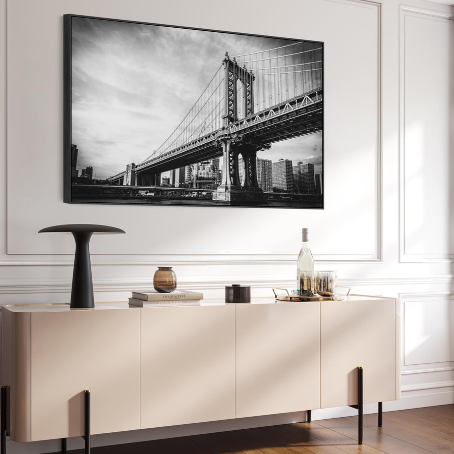 New York Framed Canvas Wall Art - Black White Brooklyn Bridge