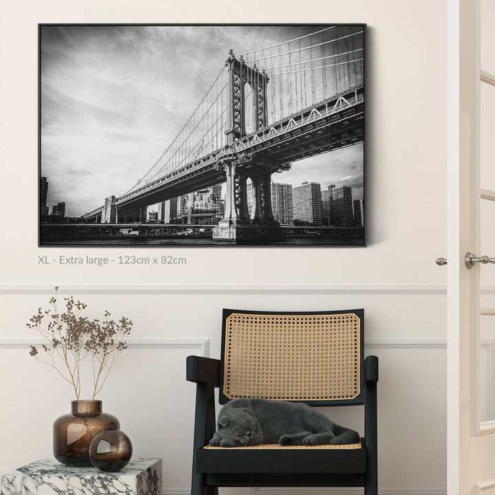 New York Framed Canvas Wall Art - Black White Brooklyn Bridge - FF2103-B-S