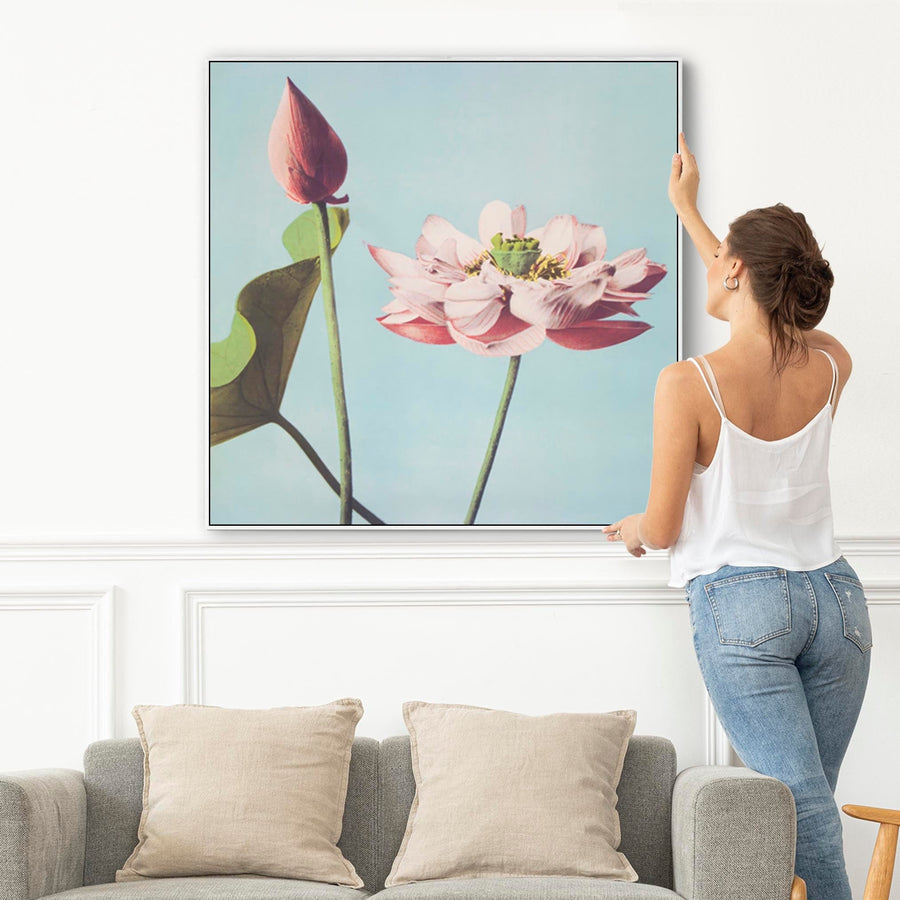 Japanese Pink Floral Wall Art Framed Canvas Print of Lotus Flowers by Ogawa Kazumasa - 100cm x 100cm