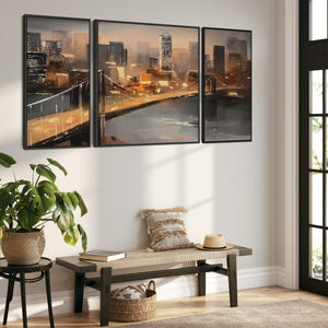 Extra Large Framed Wall Art Pictures for Living Room - NYC Set of 3 - New York City Skyline at Night - XXL 212cm Wide