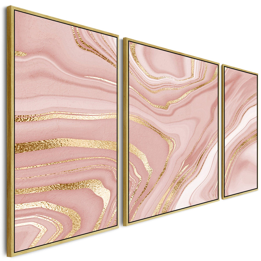 Large Pink Gold Modern Framed Canvas Wall Art - Abstract Set of 3 Pictures - 212cm Wide